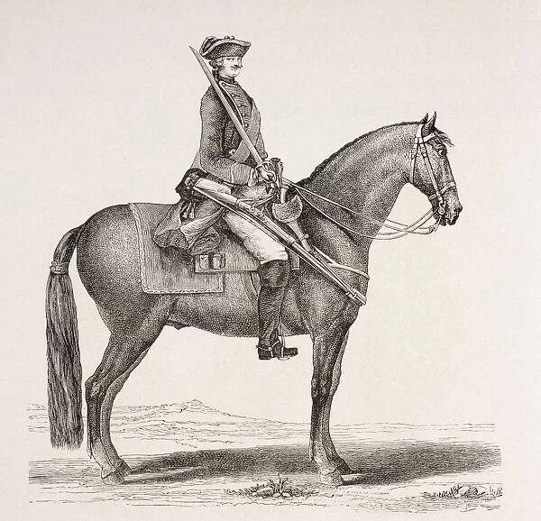 An 18Th Century French Cavalry Soldier Mounted With His Weapons. From Xviii Siecle Institutions, Usages Et Costumes, Published Paris 1875