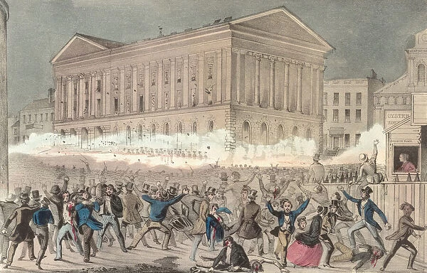 The Astor Place Riot, May 10, 1849 in front of the now-demolished Astor Place Opera House, New York, USA. Fuelled by rivalry between Shakespearian actors American Edwin Forrest and Englishman William Charles Macready and their respective supporters the feud was used to support conflictive social ideas which resulted in a gathering of several thousand in Astor Place which quickly got out of hand. Militia were brought who fired point blank into the crowd killing more than 20 people and wounding over 100. After a contemporary lithograph by Nathaniel Currier