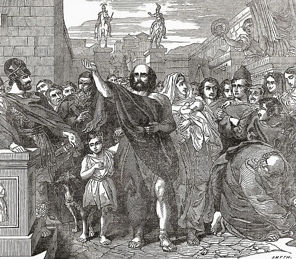 The Banishment of Aristides. After a 19th century engraving by Frederick Smythe from a painting by British artist Benjamin Robert Haydon. The Athenian statesman Aristides, 530 BC - 468 BC was ostracized (ie expelled) from Athens by political enemies circa 482 BC, but returned to the city two years later