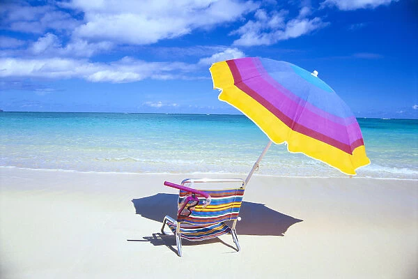 Beach Chair And Umbrella With Snorkel Gear, Turquoise Ocean And Blue Skies C1759