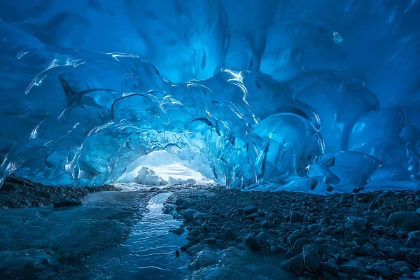 Blue glacial ice inside an ice cave, Tongass National Forest, Alaska, USA