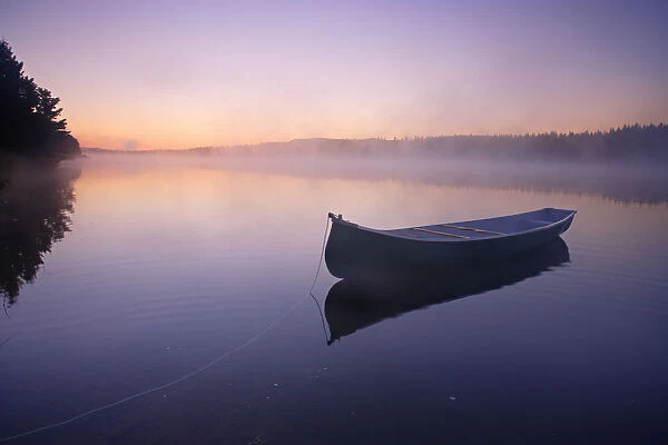 Boat In Mist On Trout Pond, Gaspesie Wildlife Reserve, Quebec