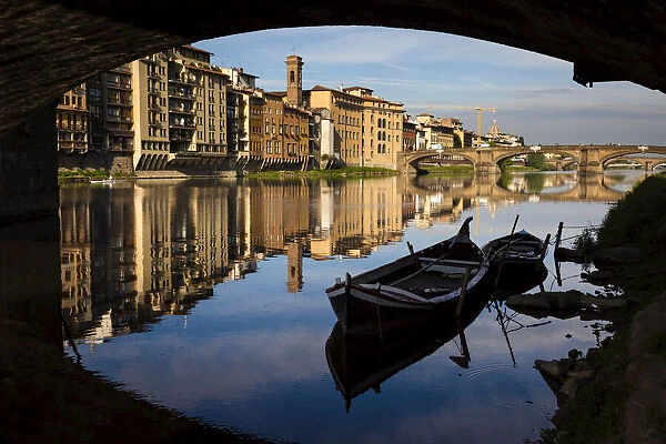 Boats Underneath Ponte Vecchio on Arno River, Florence, Tuscany, Italy