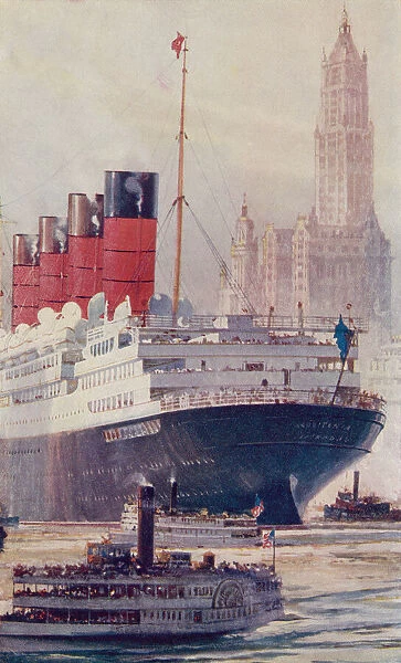 The British ocean liner RMS Lusitania on the Hudson River, New York in 1909, during the Hudson-Fulton Celebration. From The Book of Ships, published c. 1920