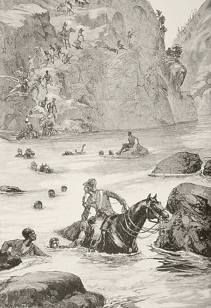 British Soldiers Fleeing And Being Pursued By Zulu Warriors After The Battle Of Isandlwana, Kwazulu-Natal Province, South Africa. From Afrika, Dets Opdagelse, Erobring Og Kolonisation, Published In Copenhagen, 1901