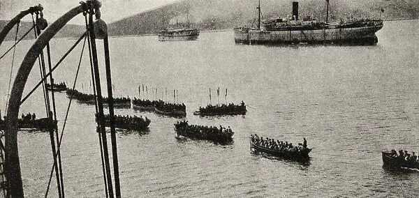 The Campaign In Gallipoli. A Landing Force Leaving The Transports For The Shore. From The Great World War A History Volume Iii, Published 1916