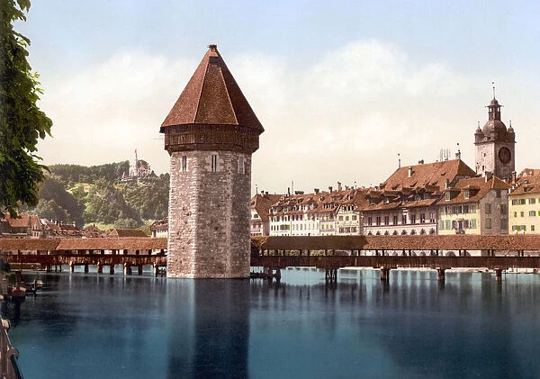 Chapel Bridge and view of Pilatus, Lucerne, Switzerland, dated 1890, photomechanical print