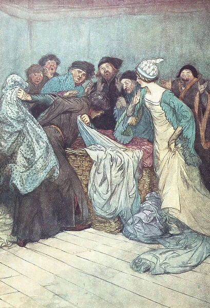 Charles Dicken s. The Merry Wives Of Windsor. Illustration By Hugh Thompson London 1910. Are You Not Ashamed? Let The Clothes Alone. Men Searching Washing Basket Full Of Dirty Clothes