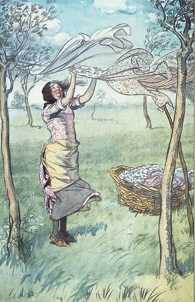Charles Dicken s. The Merry Wives Of Windsor. Illustration By Hugh Thompson London 1910. I Wash, wring And Do It All Myself. Lady Hanging Out Washing On a Windy Day