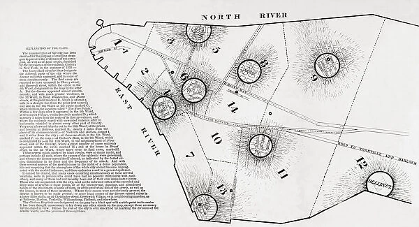 Cholera epidemic, New York City, 1832. Map highlighting hubs of infection and its spread. From the book by David Meredeth Reese, A Plain and Practical Treatise on the Epidemic Cholera: As it Prevailed in the City of New York in the Summer of 1832 (etc) Published 1833. David Meredith Reese 1800-1861. American physician