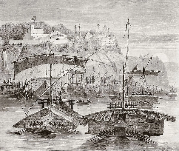 Convoy Of Boats Loaded With Cargoes Of Cotton Descending The Ganges River, India In The 1860 s. From L univers Illustre Published In Paris In 1868