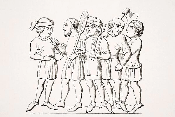 Craftsmen In The 14Th Century. 19Th Century Reproduction Of Manuscript Miniature