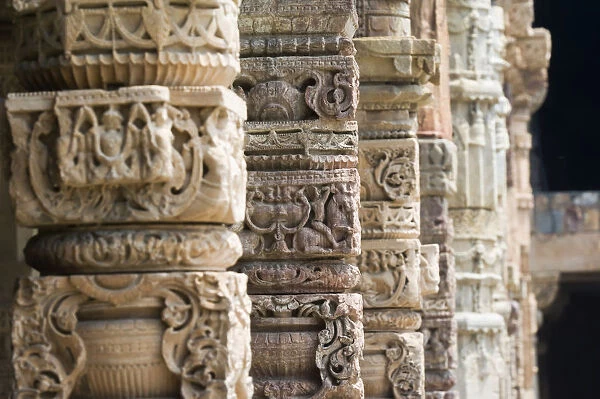 Details of the columns in the Qutab complex which includes the worlds tallest brick minaret - the Minar - as well as a series of Indo-Islamic buildings. Construction of the complex was started in 1193 under the orders of Indias first Muslim ruler Qutb-