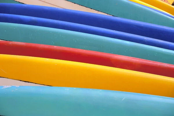 Detail Of Many Different Colored Surfboards, Straight Up
