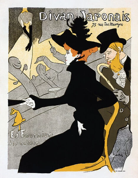 Divan Japonais. Poster, dated circa 1893-1894 by French artist Henri de Toulouse-Lautrec, 1864-1901. The poster was designed as an advertisement for the Divan Japonais, a Parisian cafe-chantant (singing cafe). In the picture, dancer Jane Avril and author Edouard Dujardin are watching a performance by Yvette Guilbert