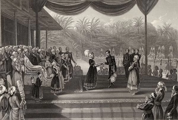 Durbar Of The Rajah Of Travancore Reception Of General Outram And Staff From A 19Th Century Print By Godfrey
