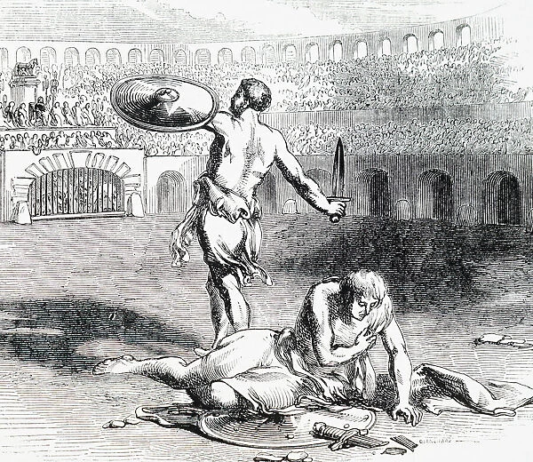 Engraving depicting gladiators fighting within the Colosseum in Rome, 18th century