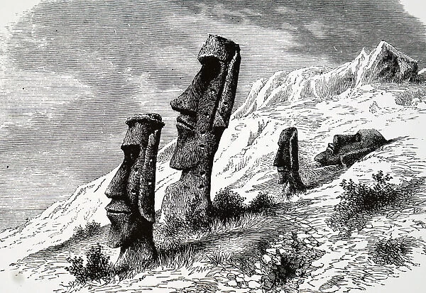 Engraving depicting the Moai, the monolithic human figures on Easter Island, 19th century