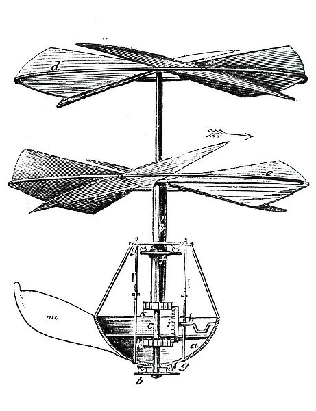 Engraving depicting a system of vanes for attaching to balloons so that ascents and descents could b