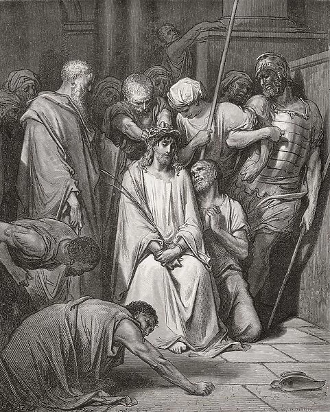 Engraving From The Dore Bible Illustrating Matthew Xxvii 29 And 30 The Crown Of Thorns By Gustave Dore 1832-1883 French Artist And Illustrator