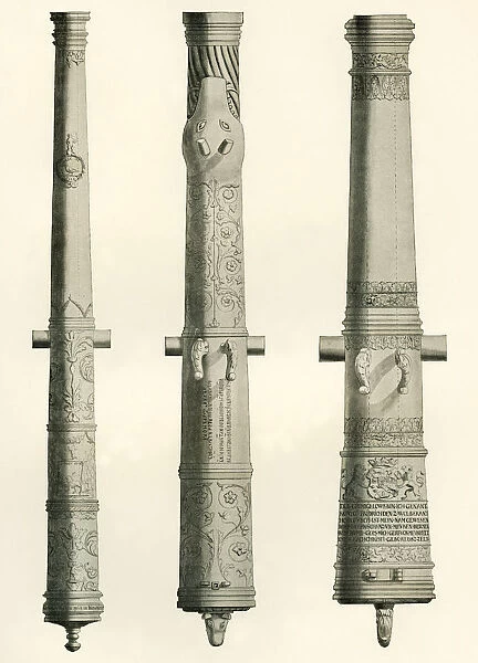 Examples Of Cannons. From Left To Right, A German Nachtigall Cannon Cast In Brunswick, Germany, A Russian Cannon Probably From Narva, Russia Dating From Around 1700 And A Danish Cannon Called Der Grimige Lowe, Dating From Around 1582. From Notes Autographes Du Comte Erik Dahlbergh, Published 1913