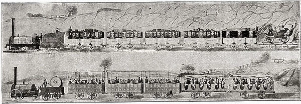 First Passenger Carriage In Europe, 1830, George StephensonA┼¢s Steam Locomotive On The Liverpool To Manchester Line. From The Story Of England, Published 1930