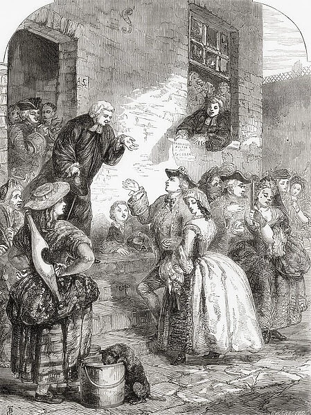 Fleet Marriages. Scene in the Fleet prison during the reign of George II. A Fleet Marriage was a common example of an irregular or a clandestine marriage which took place in England before the Marriage Act 1753 came into force on March 25, 1754, usually in Londons Fleet Prison or its environs during the 17th and, especially, the early 18th century. From Cassells Illustrated History of England, published c. 1890