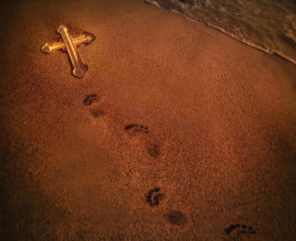 Footprints In The Sand And A Cross