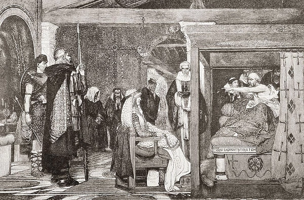 Fredegund, after apparently ordering the assassination of Praetextatus, visits him on his deathbed and offers the assistance of her physicians. Fredegund or Fredegunda, died 597. Queen consort of Chilperic I. Saint Praetextatus, died 586, also spelled Praetextatus, Pretextat(us), and known as Saint Prix. Bishop of Rouen. From Ilustracion Artistica, published 1887