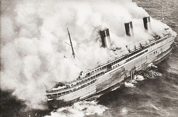 The French ocean liner SS L Atlantique. The ship caught fire in 1933 whilst sailing between Bordeaux and Le Havre to be refitted. The ship was scrapped in 1936 resulting in the payment of US$6. 8 million to Compagnie de Navigation Sud Atlantique for the loss. From These Tremendous Years, published 1938
