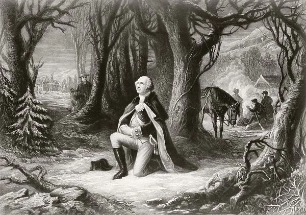George Washington Prays At The American Revolutionary War Encampment Of Valley Forge During The Winter Of 1777-1778. After A Painting By Henry Brueckner