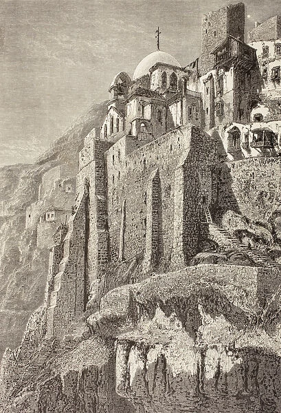 The Great Lavra Of St. Sabbas The Sanctified, Or Mar Saba. Greek Orthodox Monastery Overlooking The Kidron Valley In The Wilderness Of Ziph In Palestine. From El Mundo Ilustrado, Published Barcelona, Circa 1880