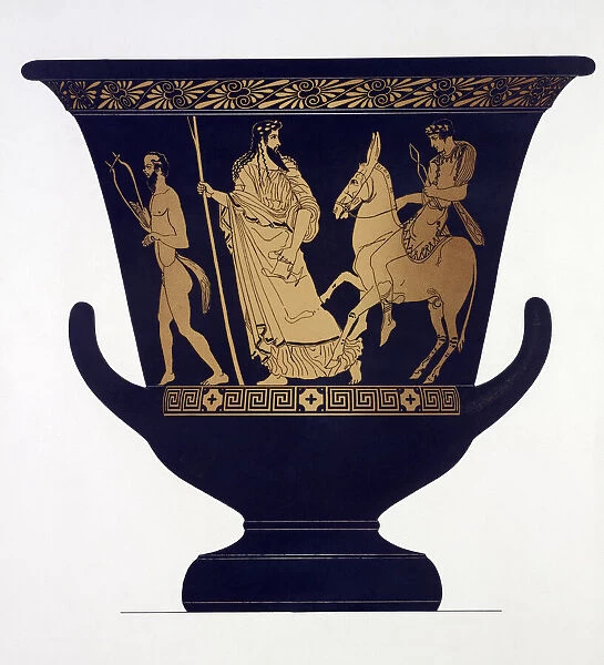 Greek vase. Dionysus, the God of Wine and Hephaistus, the God of Fire led by a man with a lyre. After a work by 19th century German Greek vases scholar, Albert Genick