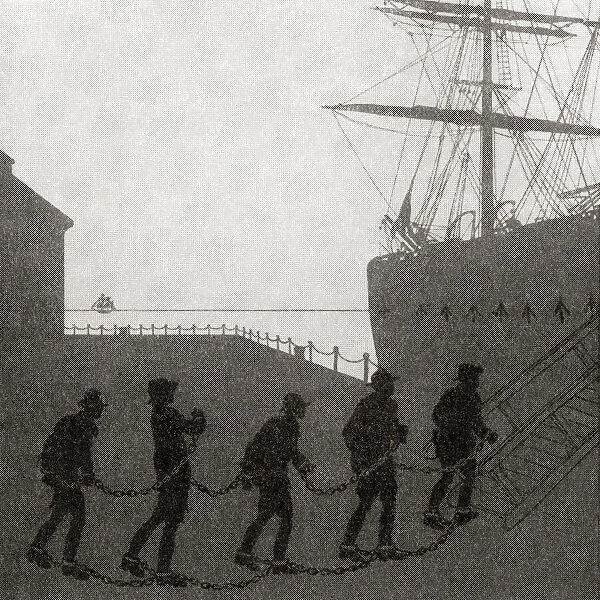 A group of chained prisoners boarding a prison ship in the 19th century. From The Martyrs of Tolpuddle, published 1934