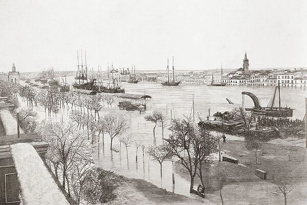 The Guadalquivir river, Seville, Spain, seen here during the floods of 1892. From La Ilustracion Espanola y Americana, published 1892