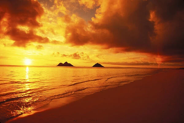 Hawaii, Oahu, Lanikai Beach At Sunrise Orange Sky With Reflections, Mokulua Islands