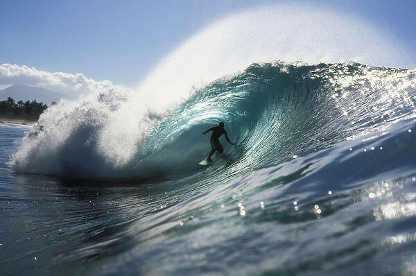 Hawaii, Oahu, North Shore, Shadow Of Surfer In Pipeline Wave