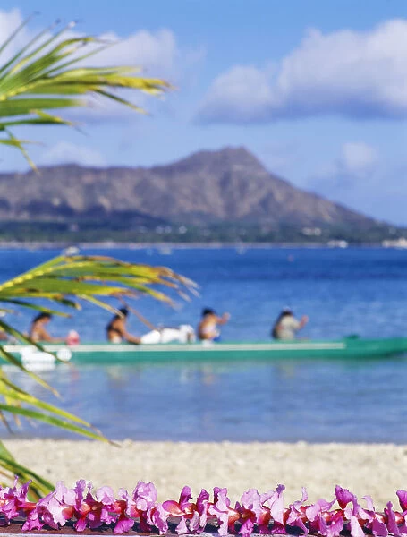 Hawaii, Oahu, Waikiki, Diamond Head, Canoe Paddlers With Orchid Lei In The Foreground