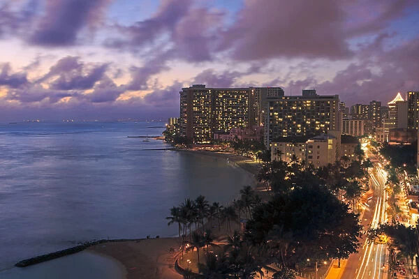 Hawaii, Oahu, Waikiki, View of Waikiki at night