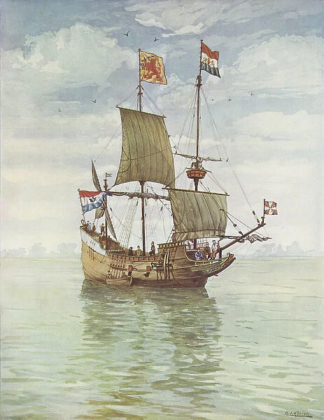 Henry Hudsons ship Halve Maen, or Half Moon in which he sailed to find a prospective Northwest Passage to Cathay. After a print published in 1909 commemorating the 300th anniversary of Hudson discovering the Hudson River