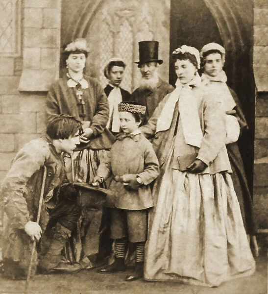 Historic image in sepia tone of a child begging for money outside the doorway of a church, with men and women watching