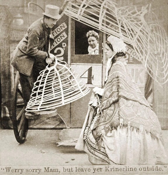 Historic image in sepia of a woman mounting a carriage as the driver holds her cage crinoline underskirt, a humorous scene saying there is no room in the carriage for her crinoline, circa 1860