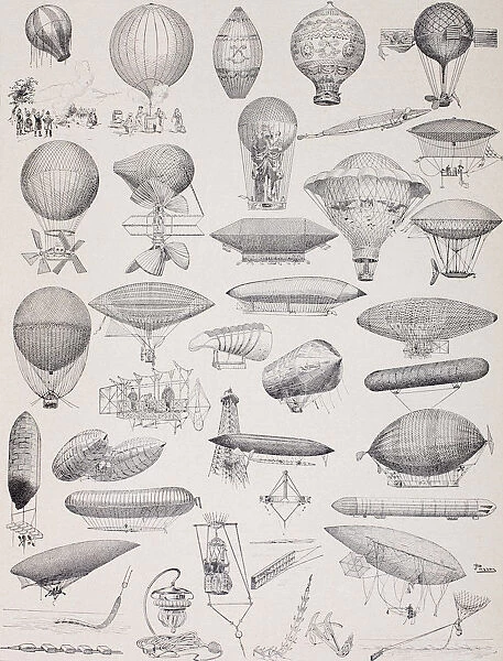 Hot Air Balloons Throughout History Starting With The Montgolfier Brothers Balloon Of 1783 At Top Left And Ending With Military Balloons Of The Early 20Th Century. From Enciclopedia Ilustrada Segu