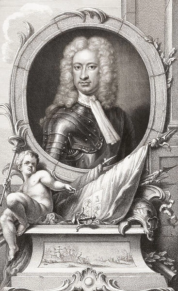 Illustrated portrait of Charles Mordaunt, 3rd Earl of Peterborough and 1st Earl of Monmouth, 1658 to 1735. English nobleman and military leader. From the 1813 edition of The Heads of Illustrious Persons of Great Britain, Engraved by Mr. Houbraken and Mr. Vertue With Their Lives and Characters; Illustration
