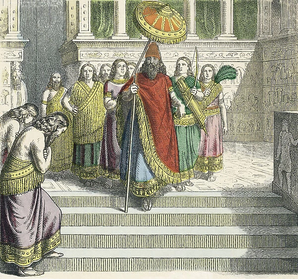 Illustration of an Assyrian king and his retinue descending the steps of his palace in Nineveh. After a 19th century work by Heinrich Leutemann; Illustration