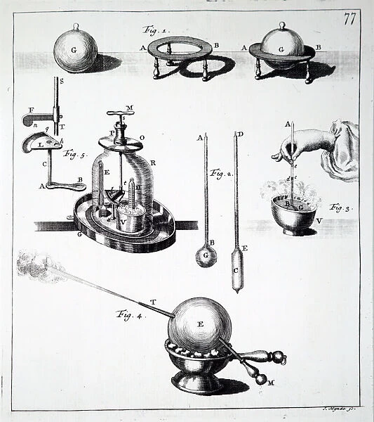 Illustration depicting an experiment showing how expansion is caused by heat, 18th century