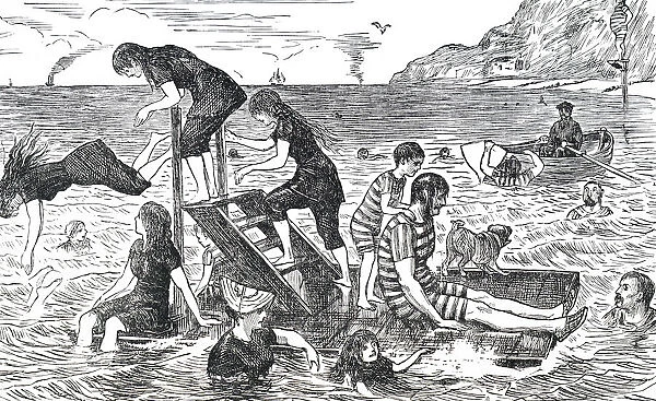 Illustration depicting families enjoying a day at the seaside, 19th century