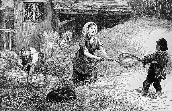 Illustration depicting a family of peasants trussing hay for the London market