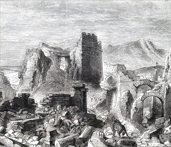 Illustration depicting a view of Samaria and Mount Gerizim, 19th century