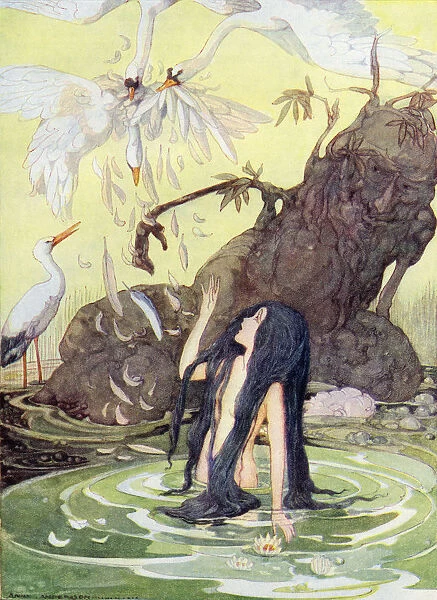 Illustration From The Marsh Kings Daughter. From The Golden Wonder Book For Children Published 1934. There Sat The Marsh King Daughter With No Covering But Her Long Black Hair